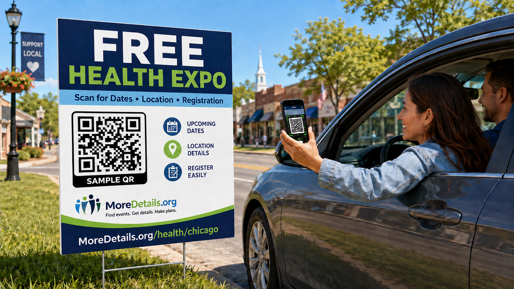 Person scanning a reusable event yard sign with a phone