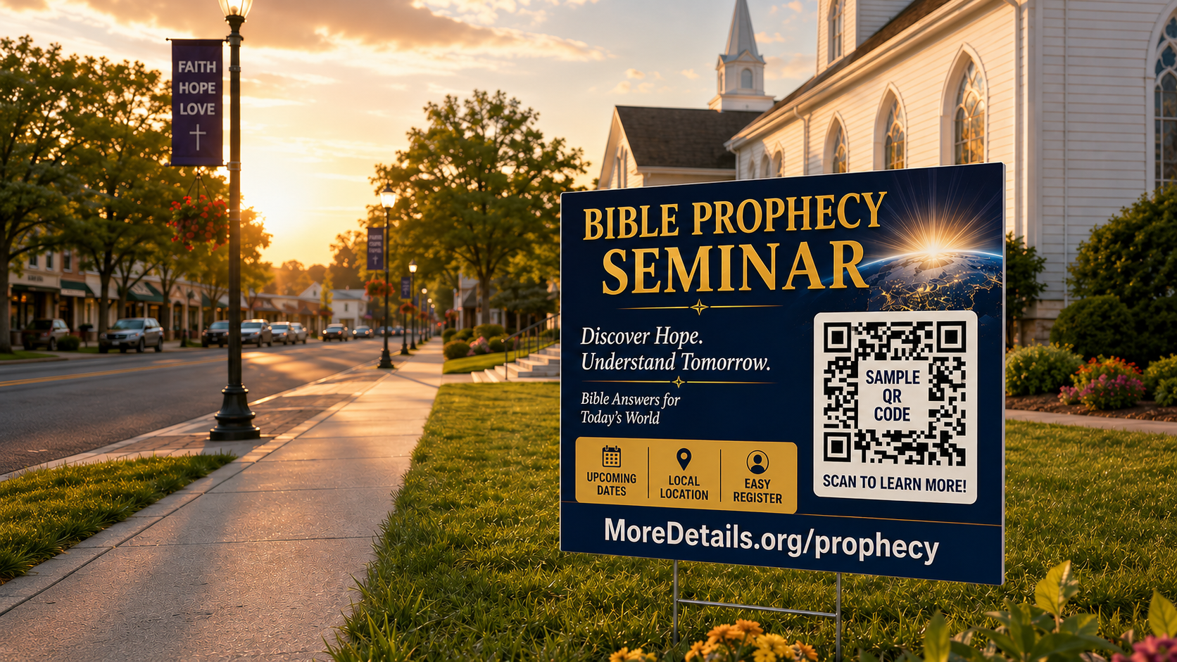Bible prophecy seminar sign displayed outdoors at sunset